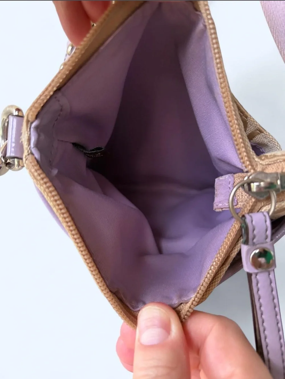 Coach Signature Canvas Crossbody Bag in Tan and Lavender